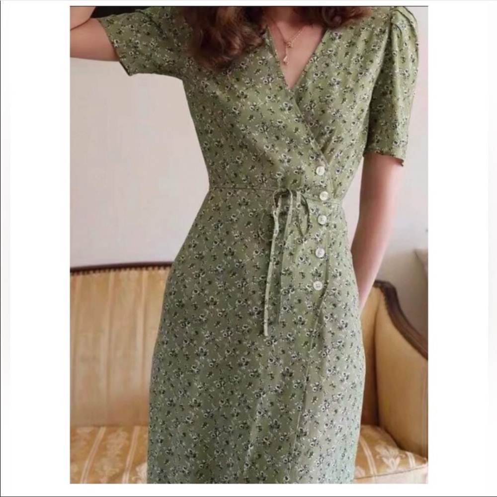 Rouje Paris Gavin Wrap Midi Dress Green Floral Size EU 42/US 10 NWT